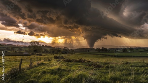 The spectre of the tornado looms over the countryside casting a dark shadow in its wake.