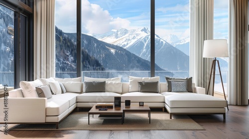 Luxurious living room with a white sectional sofa, coffee table, and tall lamp, offering a stunning view of snowy mountains through large floor-to-ceiling windows on a winter morning.