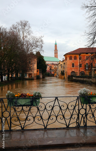 Flooding in Vicenza city in Northern Italy with the Palladian Basilica monument photo