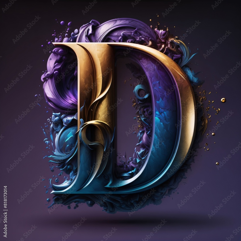 Fluid paint style letter D uppercase. 3d render