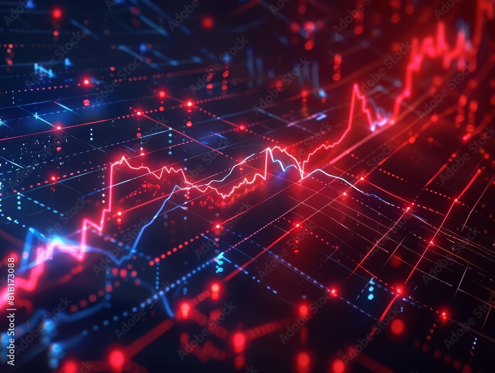 A creative digital graph with a red neon downward trend line and glowing data points A creative digital graph with a red neon downward trend line and glowing data points