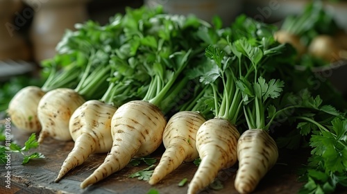 A close-up of freshly harvested parsnips with their greens. photo