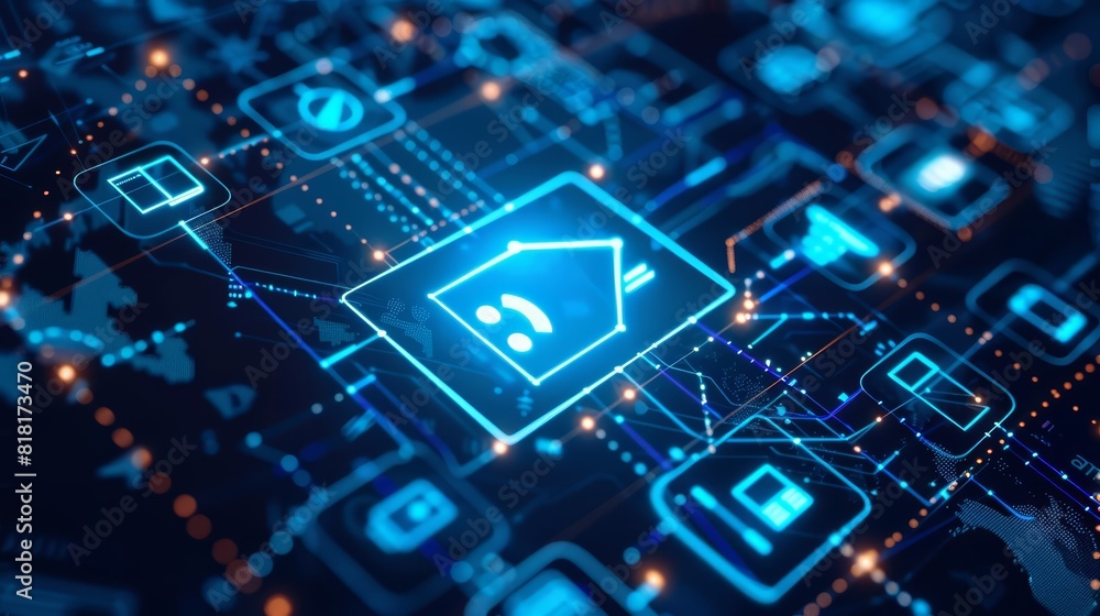 A digital interface displaying a network of smart home icons connected by lines A digital interface displaying a network of smart home icons connected by lines