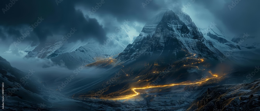 A dramatic mountain landscape under a dark