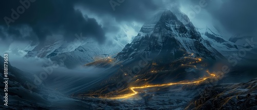 A dramatic mountain landscape under a dark
