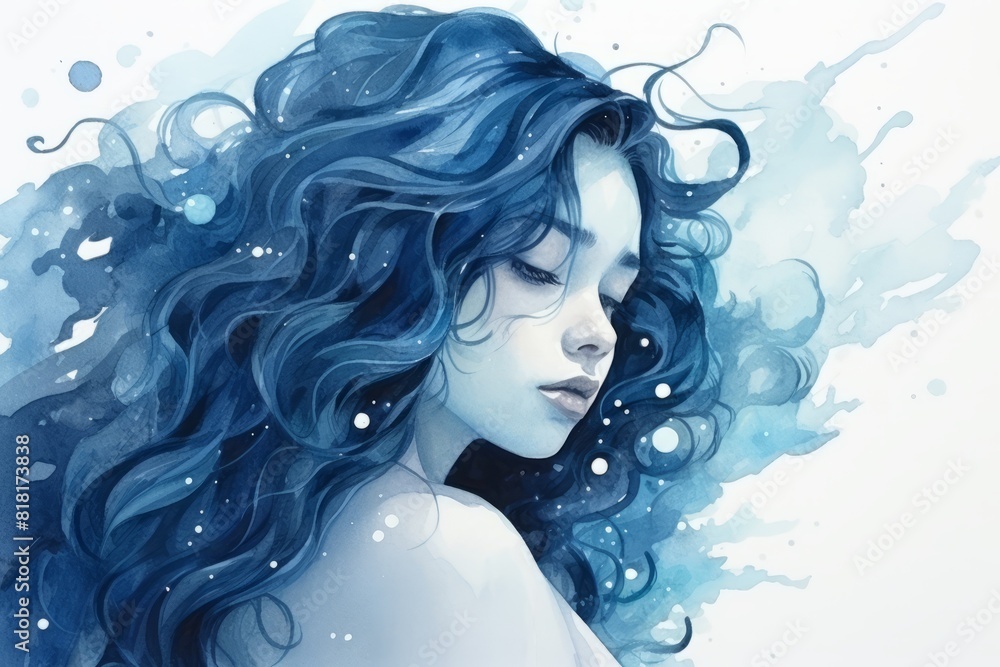 A girl with blue hair and the blue water is floating in the air. Generative AI