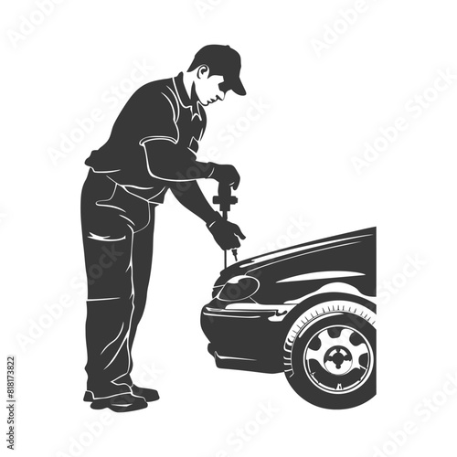 silhouette car mechanic in action full body black color only