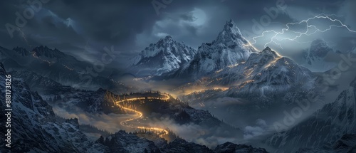 A dramatic mountain landscape under a dark