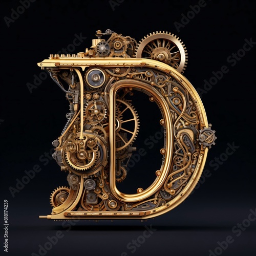 Mechanical alphabet made from gears and cogs. Letter D. 3D rendering