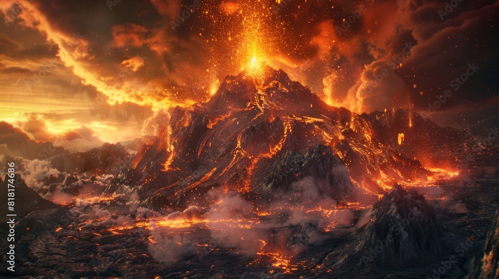 A mountain engulfed in flames spewing molten lava creating a nightmarish scene.