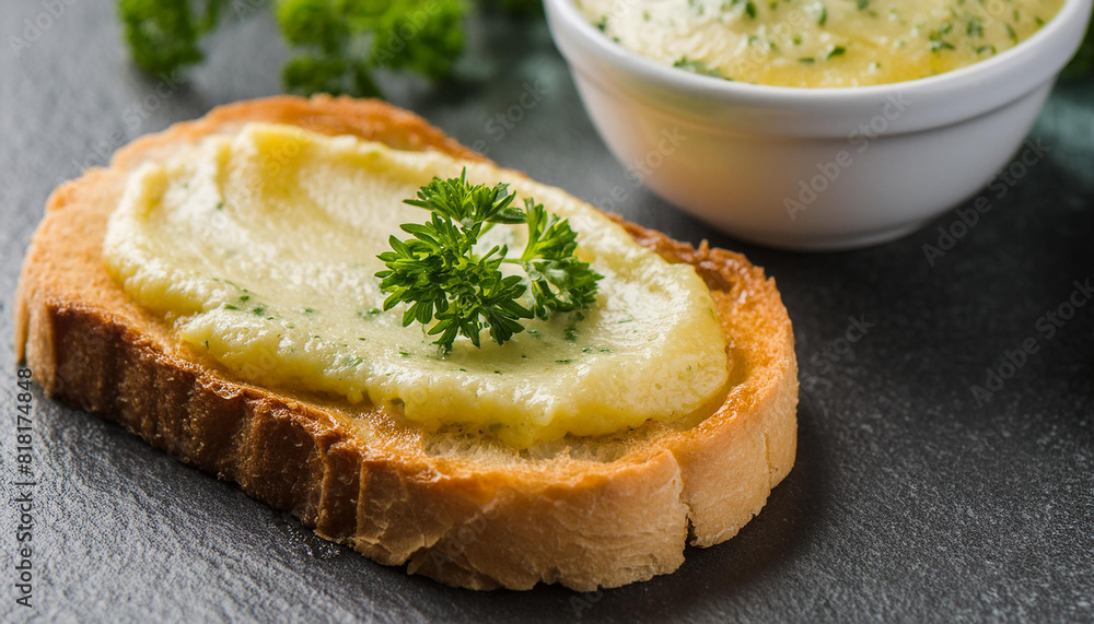 Herb butter sauce on slice of fresh bread on dark table. Tasty snack. Delicious food for dinner. Herb butter sauce on slice of fresh bread on dark table. Tasty snack. Delicious food for dinner.