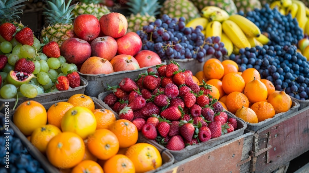 Craft an image showcasing a vibrant market stall with many fruits Craft an image showcasing a vibrant market stall with many fruits