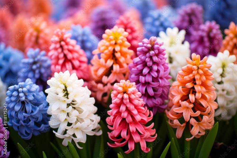 Close up of multi-colored hyacinths. Generative AI Close up of multi-colored hyacinths. Generative AI
