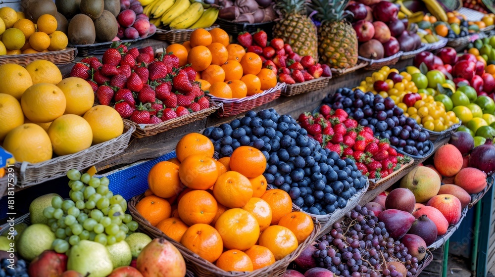 Craft an image showcasing a vibrant market stall with many fruits Craft an image showcasing a vibrant market stall with many fruits