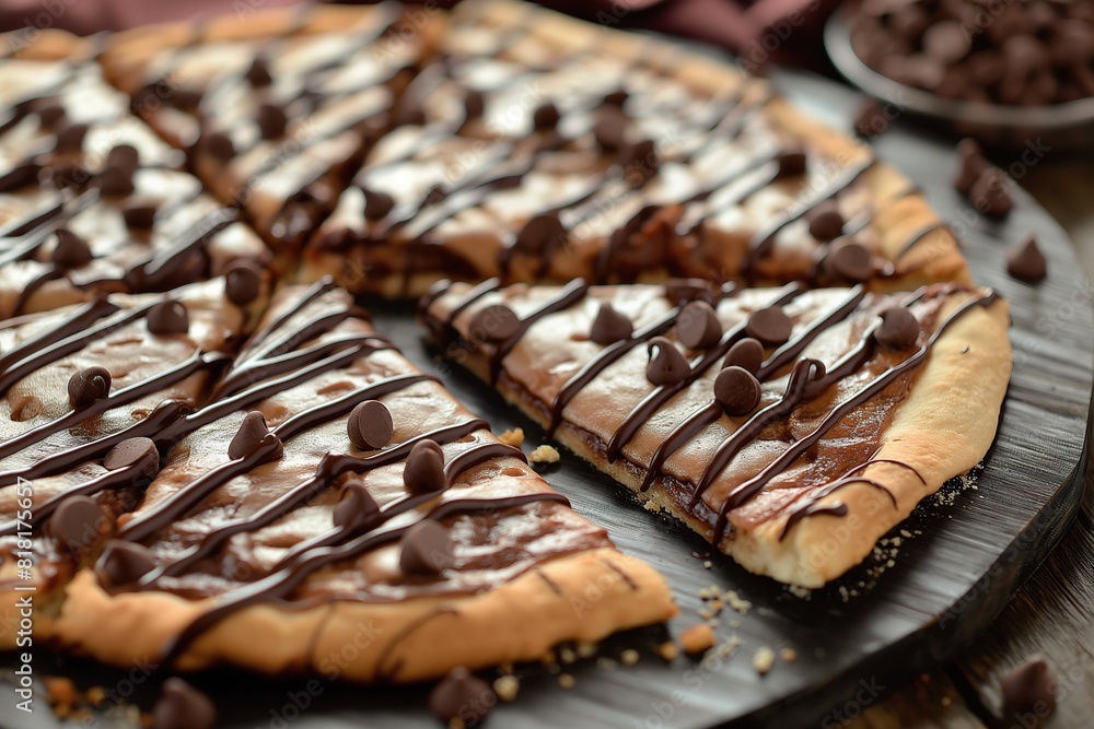 Close up of a delicious pizza with rich, melted chocolate toppings, tempting viewers with its sweet and savory combination. Close up of a delicious pizza with rich, melted chocolate toppings, tempting viewers with its sweet and savory combination.