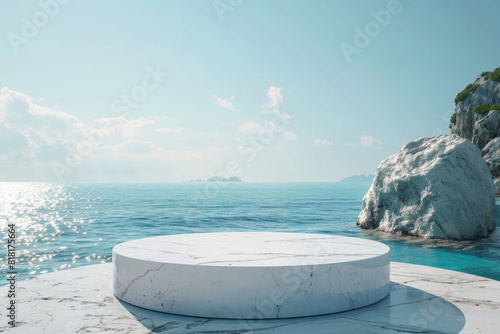 Empty white marble stone round podium on blue sea background with beautiful Greek island view. Mock up for product presentation  summer vacation concept