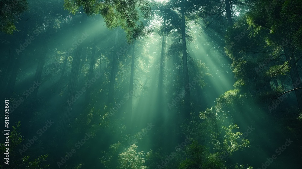 Obraz premium Sunlight filtering through the leaves of a redwood forest