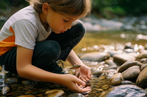 child caught goby fish in stream photo