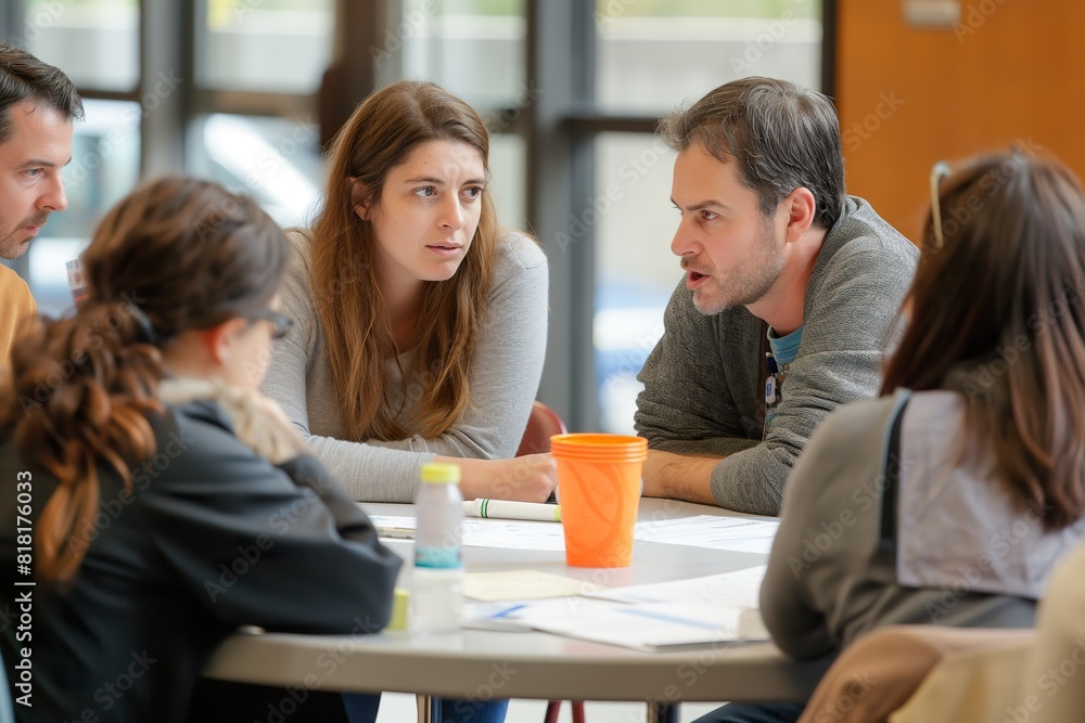 Diverse group of people talking animatedly around a table. Diverse group of people talking animatedly around a table.
