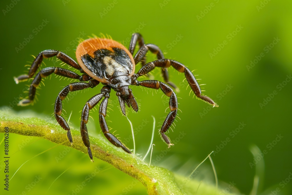 A detailed view of a spider perched on a vibrant green plant in its natural habitat. A detailed view of a spider perched on a vibrant green plant in its natural habitat.