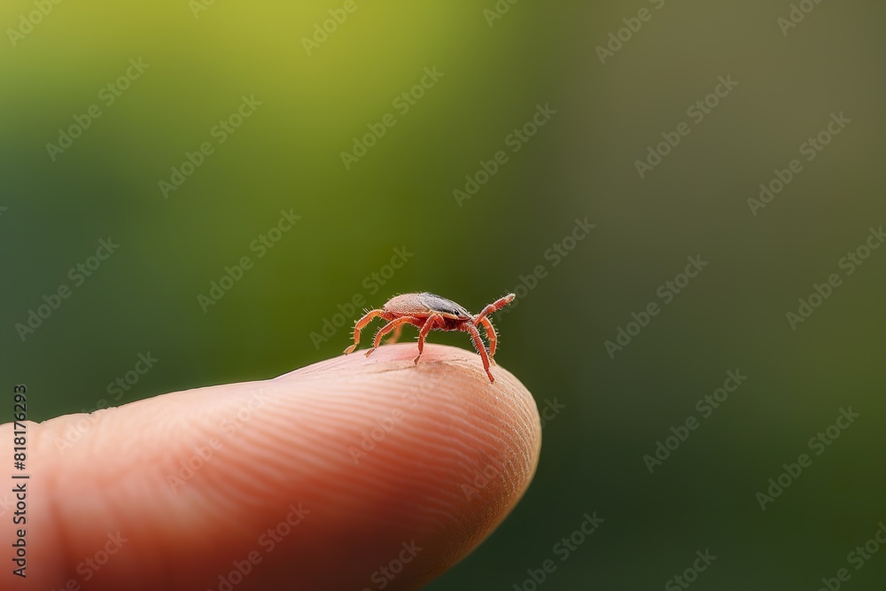 A minuscule insect perches on a human finger, showcasing a fascinating encounter in the miniature world. A minuscule insect perches on a human finger, showcasing a fascinating encounter in the miniature world.
