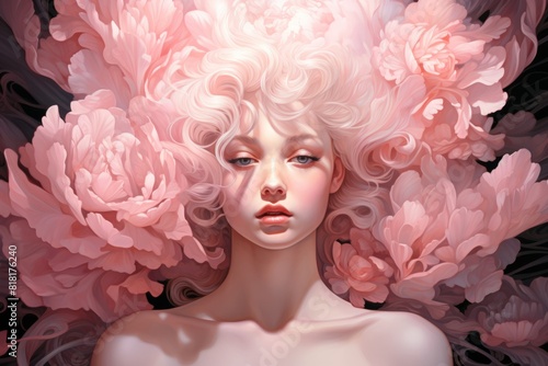 Portrait of a woman with pink flowers in hair. Generative AI