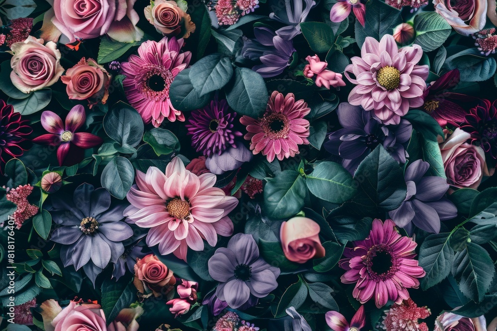 Color Flowers Seamless Pattern Top View, Beautiful Flower Mix Texture Background, Lush Blooming Plants Color Flowers Seamless Pattern Top View, Beautiful Flower Mix Texture Background, Lush Blooming Plants