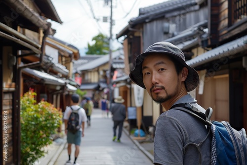 A japanese man with a backpack wandering a narrow street in Kyotos historic district. photo