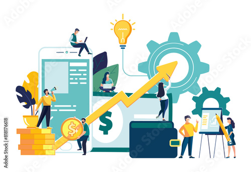 Vector illustration of virtual business assistant.Business people, team.Flat icon on smartphone combined all accounts, money, investment management cards.Graphic design business vector, mobile banking