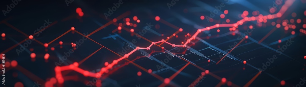 A top view of a digital graph showing a red downward trend line with data points A top view of a digital graph showing a red downward trend line with data points
