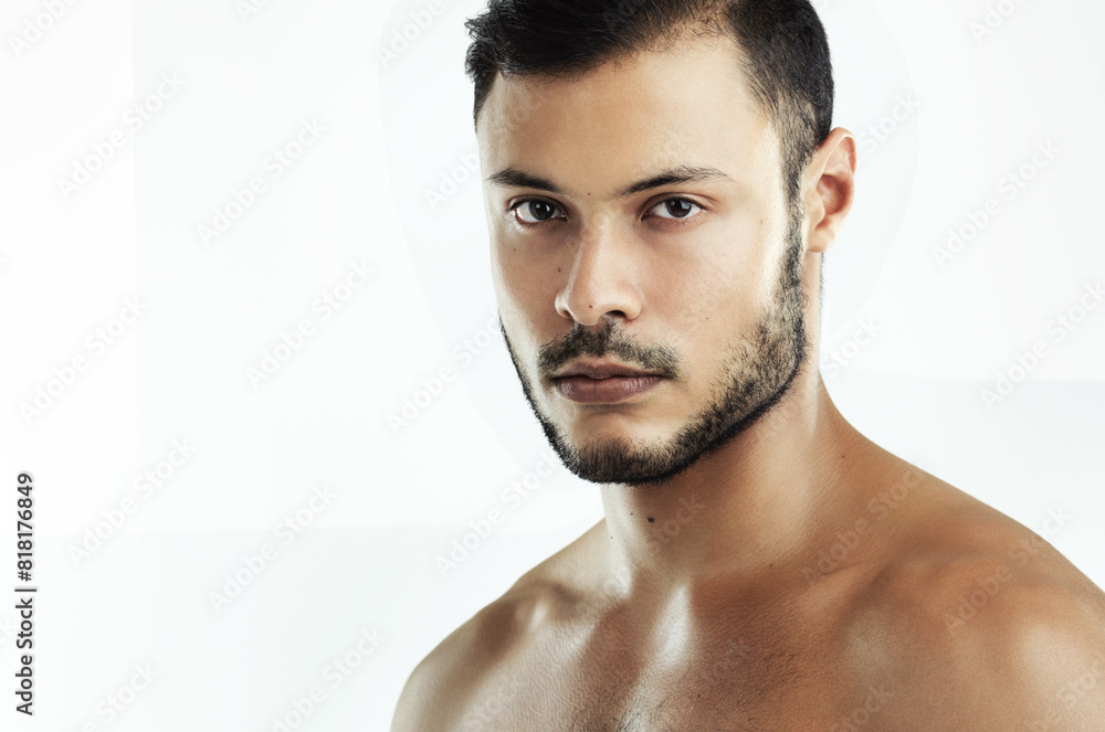 Fototapeta premium Man, fitness and portrait in studio with space for mockup with health, exercise and topless by white background. Person, bodybuilder or athlete with wellness, training or results for strong muscle