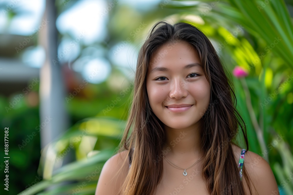 A woman of Asian American and Pacific Islander heritage stands boldly in front of lush green plants with long flowing hair. A woman of Asian American and Pacific Islander heritage stands boldly in front of lush green plants with long flowing hair.
