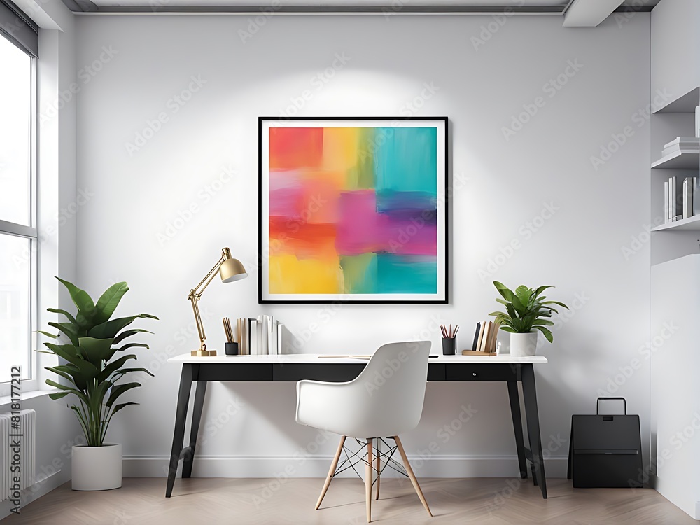 This is a mockup of an office with a blank white frame, presenting a colourful, contemporary mixed-media artwork design. This is a mockup of an office with a blank white frame, presenting a colourful, contemporary mixed-media artwork design.