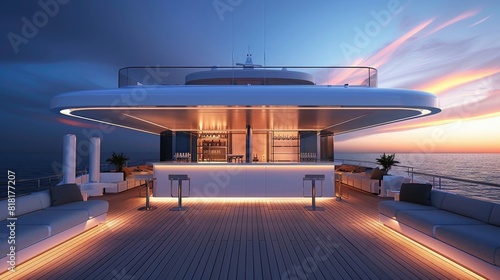 Ultra contemporary modernist super yacht deck with bar and lounge seating, simple elegance of o photo