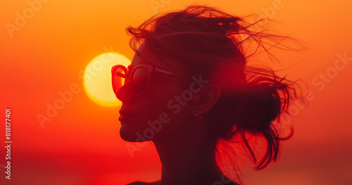 Beautiful young woman head silhouette standing in front of the sun at sunset, mindfulness concept photo