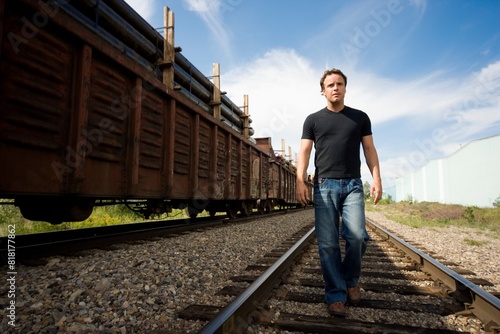 Man Walking On Railroad Tracks