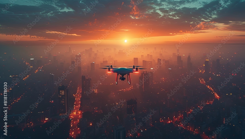 Naklejka premium A drone with a camera flying over the city, remote control aerial photography of the cityscape background, the urban skyline, with a wide angle lens. Generative AI