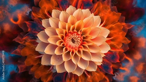 Dahlia flower in blue and orange smoke background