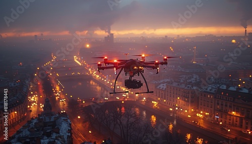 A drone with a camera flying over the city, remote control aerial photography of the cityscape background, the urban skyline, with a wide angle lens. Generative AI
