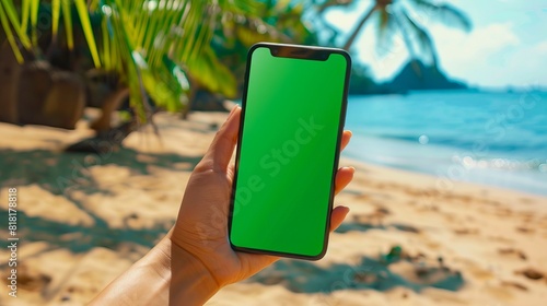 A woman holding a green screen phone on the beach.