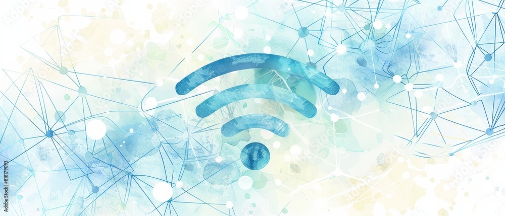 Obraz premium A watercolor clipart of a glowing WiFi symbol set against a simplified network grid background The grid features abstract