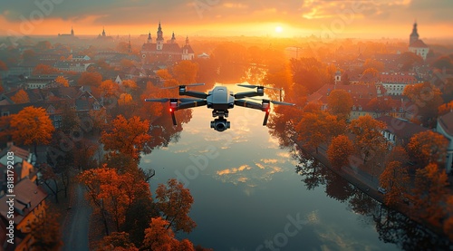 Aerial drone view of a black multirotor flying robot with a camera hovering over a lake and town at sunset in autumn, with a nature landscape background. Generative AI photo