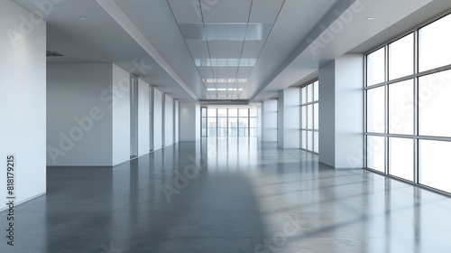 Large empty office space with floor-to-ceiling windows allowing abundant natural light.