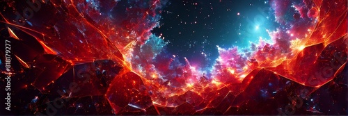 A banner of an abstract universe filled with shining, transformative red hues, smashed to smithereens. photo