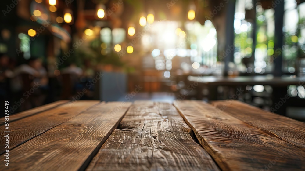 Radiant wooden table foreground with a dynamic blur of a restaurant scene in the background, epitomizing exuberance in dining setups Radiant wooden table foreground with a dynamic blur of a restaurant scene in the background, epitomizing exuberance in dining setups