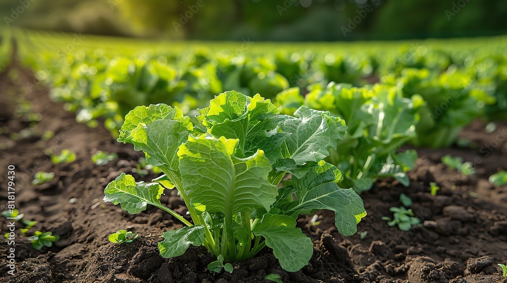 A field of vibrant green endive growing in neat rows. A field of vibrant green endive growing in neat rows.