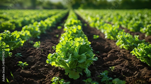 A field of vibrant green endive growing in neat rows.