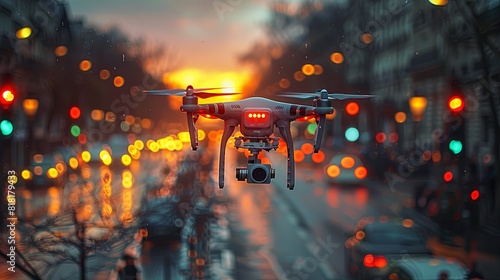 Drone with camera flying above the city road  traffic lights and cars in motion on background. High speed drone for surveillance or photography at sunset. Generative AI