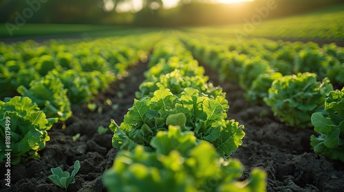 A field of vibrant green endive growing in neat rows. photo