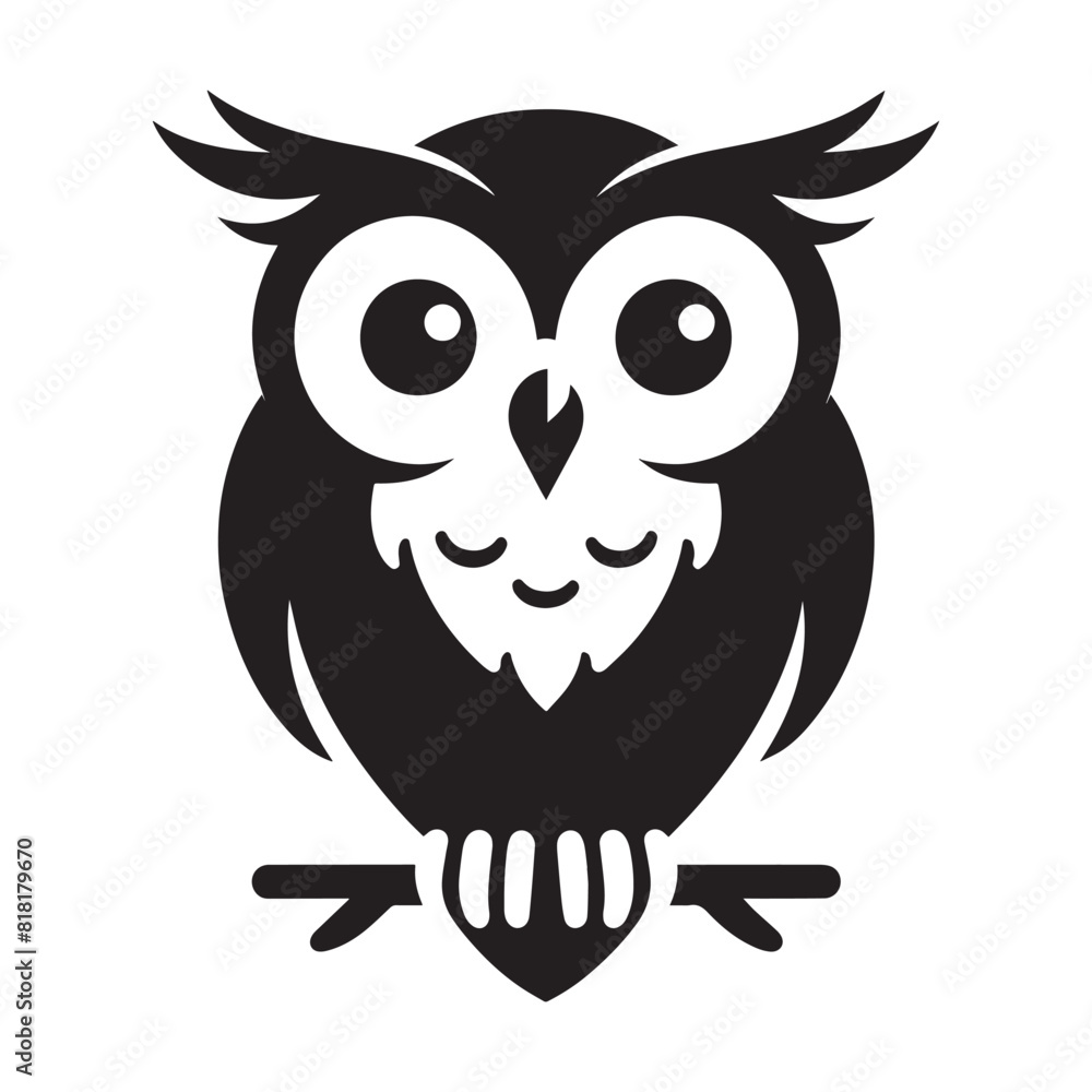 Fototapeta premium Owl bird on the branch silhouette flat vector illustration logo style 